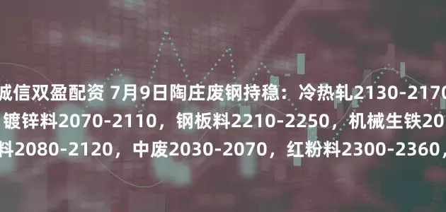 诚信双盈配资 7月9日陶庄废钢持稳：冷热轧2130-2170，矽钢片2170-2220，镀锌料2070-2110，钢板料2210-2250，机械生铁2050-2090，重废毛料2080-2120，中废2030-2070，红粉料2300-2360，钢刨花1870-1910，不含税，单位：元/吨。